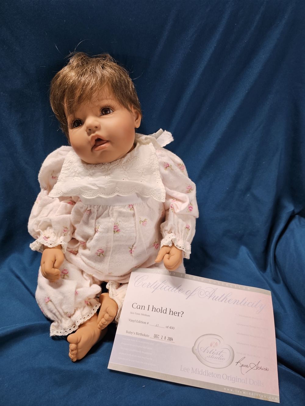 Lee Middleton Pink Floral Baby Doll with Lace Bib